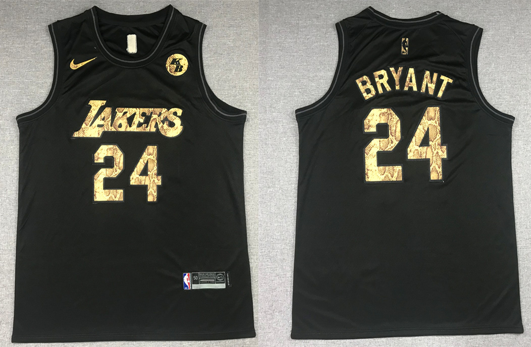 Men's Los Angeles Lakers #24 Kobe Bryant Black Mamba Snake With Gold Number Stitched NBA Jersey - Click Image to Close