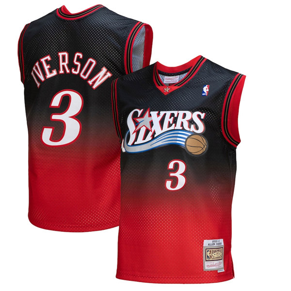 Men's Philadelphia 76ers #3 Allen Iverson Red/Black Mitchell & Ness Swingman Stitched Basketball Jersey - Click Image to Close