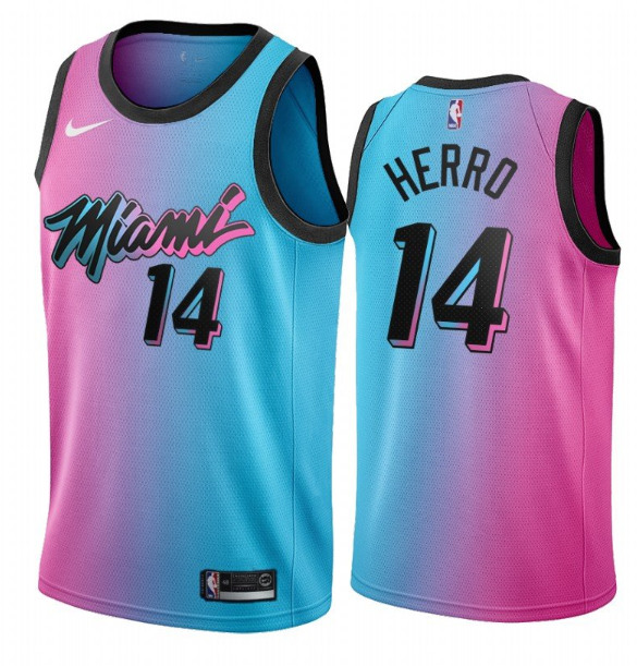 Men's Miami Heat #14 Tyler Herro 2021 Blue/Pink City Edition Vice Stitched NBA Jersey