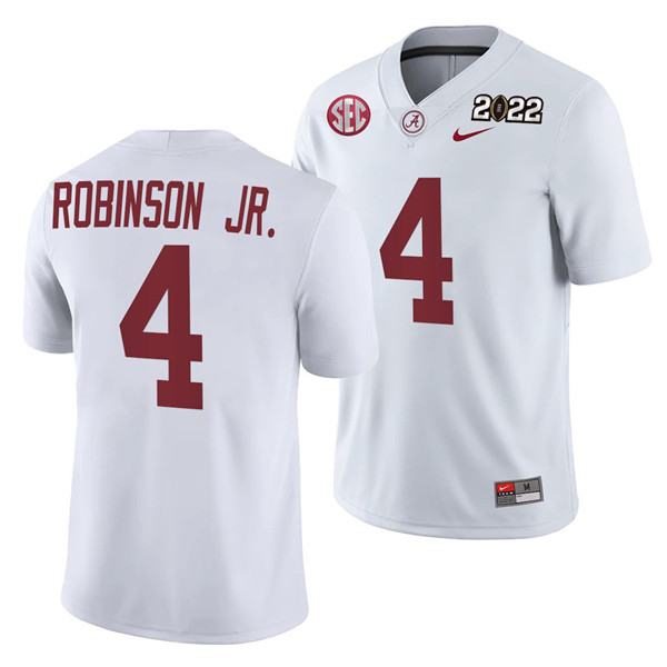 Alabama Crimson Tide #4 Brian Robinson Jr. 2022 Patch White College Football Stitched Jersey - Click Image to Close