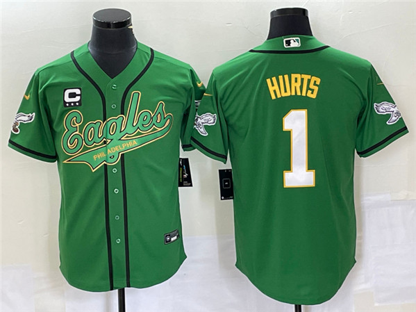 Philadelphia Eagles #1 Jalen Hurts Green With C Patch Cool Base Stitched Baseball Jersey