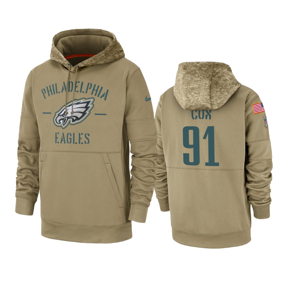 Men's Philadelphia Eagles #91 Fletcher Cox Tan 2019 Salute to Service Sideline Therma Pullover Hoodie