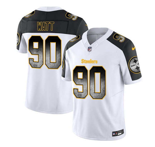 Men's Pittsburgh Steelers #90 T.J. Watt White/Black 2023 F.U.S.E. Smoke Vapor Untouchable Limited Football Stitched Jersey - Click Image to Close