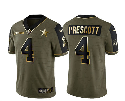 Men's Dallas Cowboys #4 Dak Prescott 2021 Olive Salute To Service Golden Limited Stitched Jersey