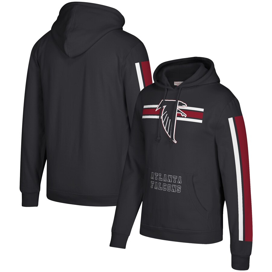 Men's Atlanta Falcons 2019 Black Mitchell & Ness Three Stripe Pullover Hoodie.