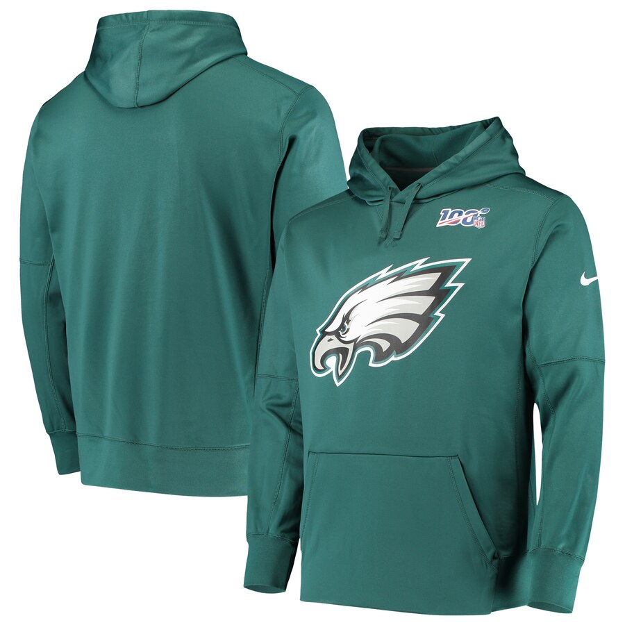 Men's Philadelphia Eagles Midnight Green 100th Season Primary Logo Circuit Performance Pullover NFL Hoodie