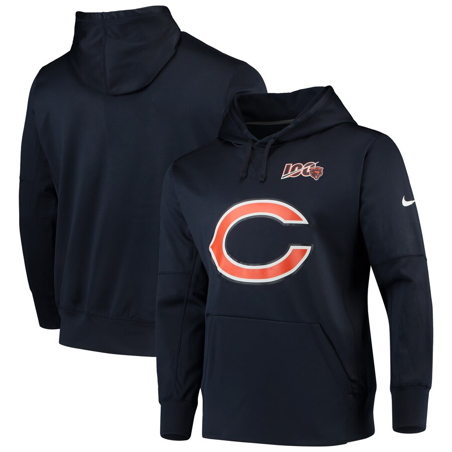 Men's Chicago Bears Navy 100th Season Primary Logo Circuit Performance NFL Pullover Hoodie