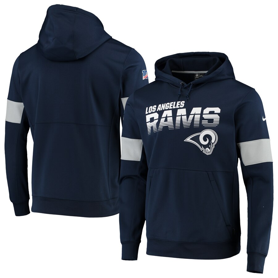 Men's Los Angeles Rams Navy 2019 100 Season Sideline Team Logo Performance Pullover Hoodie