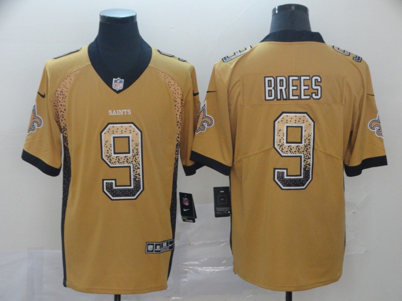 Men's New Orleans Saints #9 Drew Brees Gold 2018 Drift Fashion Color Rush Limited Stitched NFL Jersey - Click Image to Close