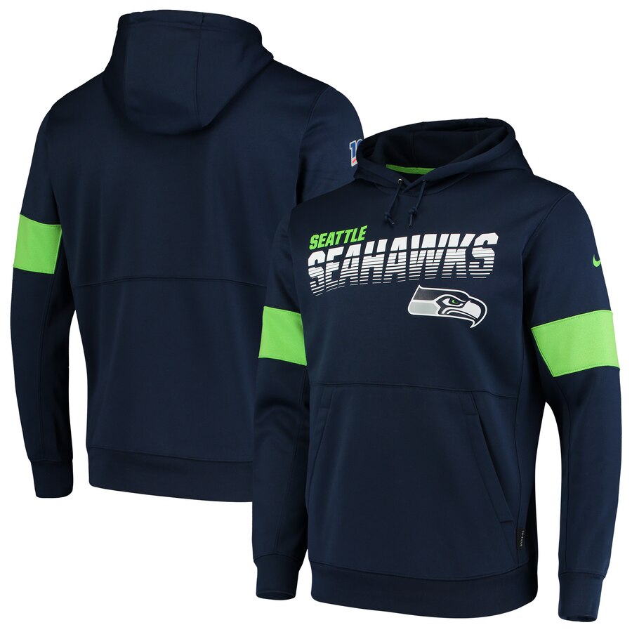 Men's Seattle Seahawks Navy Sideline Team Logo Performance Pullover Hoodie