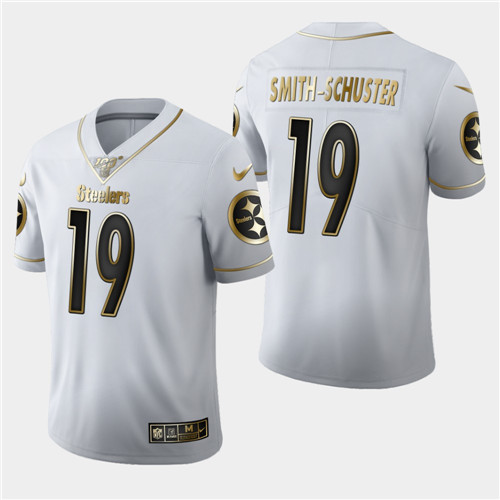 Men'sittsburgh Steelers #19 JuJu Smith-Schuster White 2019 100th Season Golden Edition Limited Stitched NFL Jersey - Click Image to Close