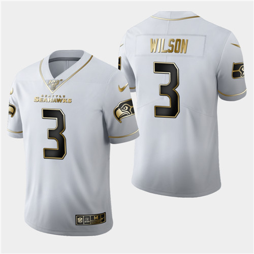 Men's Seattle Seahawks #3 Russell Wilson White 2019 100th Season Golden Edition Limited Stitched NFL Jersey - Click Image to Close