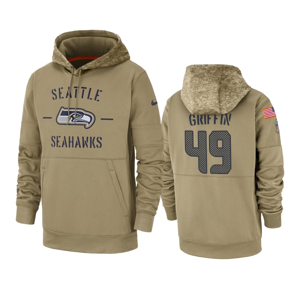 Men's Seattle Seahawks #49 Shaquem Griffin Tan 2019 Salute To Service Sideline Therma Pullover Hoodie - Click Image to Close