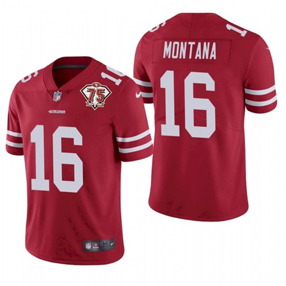 Men's San Francisco 49ers #16 Joe Montana Red 2021 75th Anniversary Vapor Untouchable Limited Stitched NFL Jersey