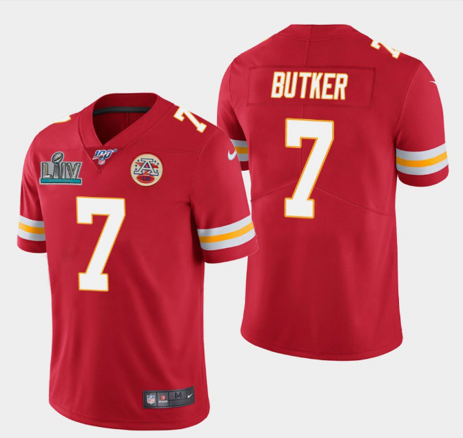 Men's Kansas City Chiefs Red # 7 Harrison Butker Super Bowl LIV With 100th Season Patch Vapor Untouchable Limited Stitched NFL Jersey