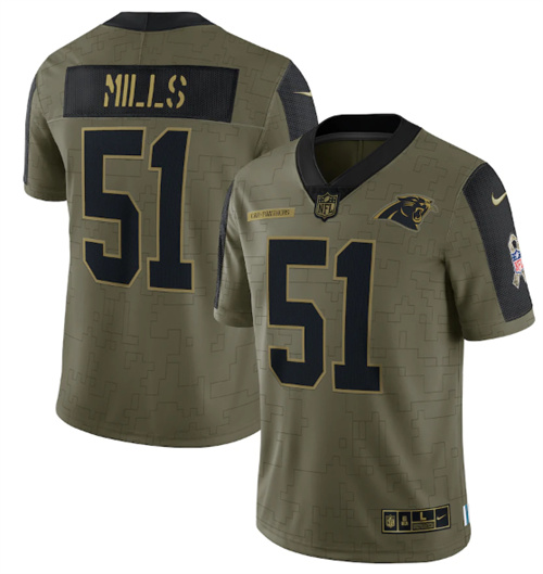 Men's Carolina Panthers #51 Sam Mills 2021 Olive Salute To Service Limited Stitched Jersey