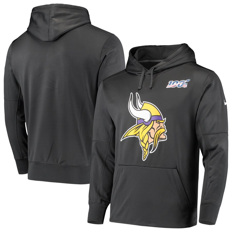 Men's Minnesota Vikings Anthracite 100th Season Primary Logo Circuit Performance Pullover NFL Hoodie