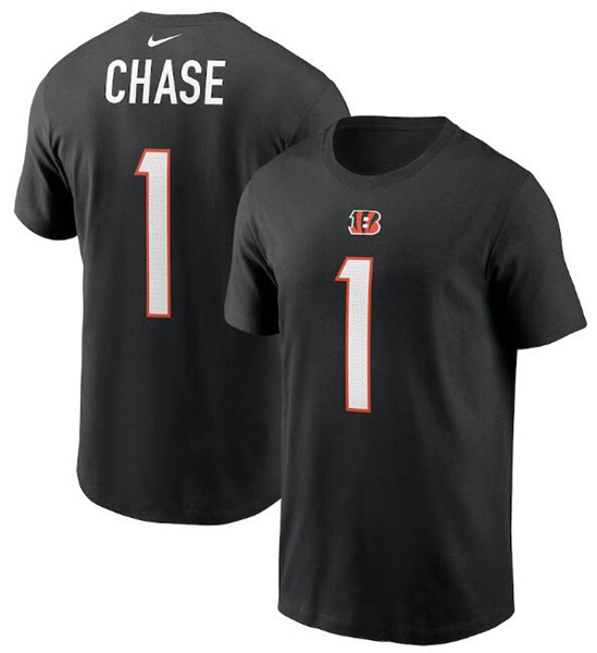 Men's Cincinnati Bengals #1 Ja'Marr Chase 2021 Black NFL Draft First Round Pick Player Name & Number T-Shirt - Click Image to Close