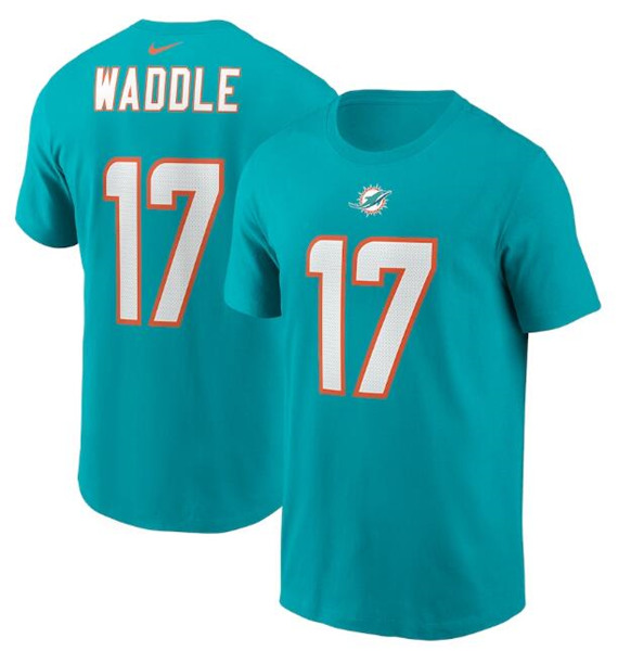 Men's Miami Dolphins #17 Jaylen Waddle 2021 Aqua NFL Draft First Round Pick Player Name & Number NFL T-Shirt - Click Image to Close