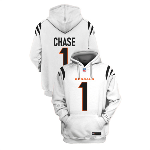 Men's Cincinnati Bengals #1 Ja'Marr Chase White 2021 Pullover Hoodie - Click Image to Close