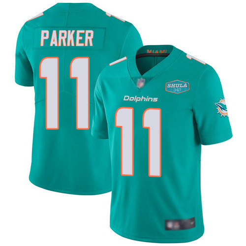 Men's Miami Dolphins #11 DeVante Parker Aqua With 347 Shula Patch 2020 Vapor Untouchable Limited Stitched NFL Jersey - Click Image to Close