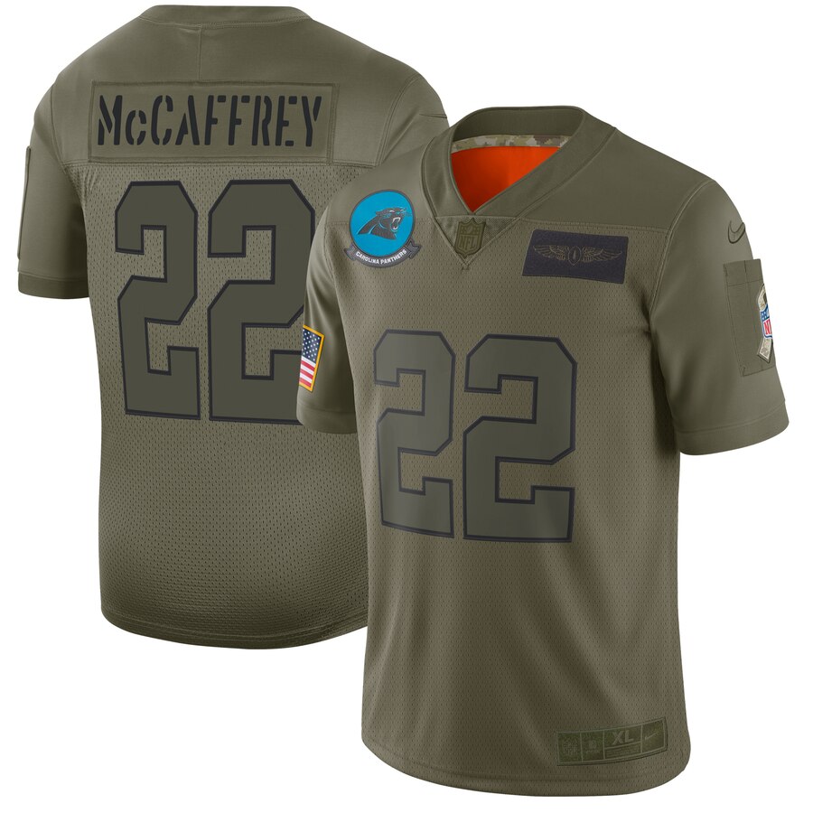 Men's Carolina Panthers #22 Christian McCaffrey 2019 Camo Salute To Service Limited Stitched NFL Jersey - Click Image to Close