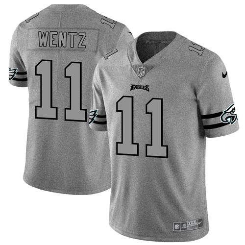 Men's Philadelphia Eagles #11 Carson Wentz 2019 Gray Gridiron Team Logo Limited Stitched NFL Jersey - Click Image to Close