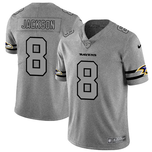 Men's Baltimore Ravens #8 Lamar Jackson 2019 Gray Gridiron Team Logo Limited Stitched NFL Jersey - Click Image to Close