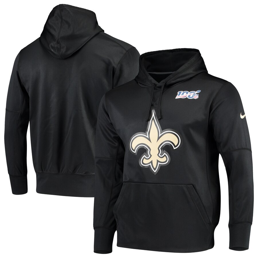 Men's New Orleans Saints Black 100th Season Primary Logo Circuit Performance Pullover NFL Hoodie