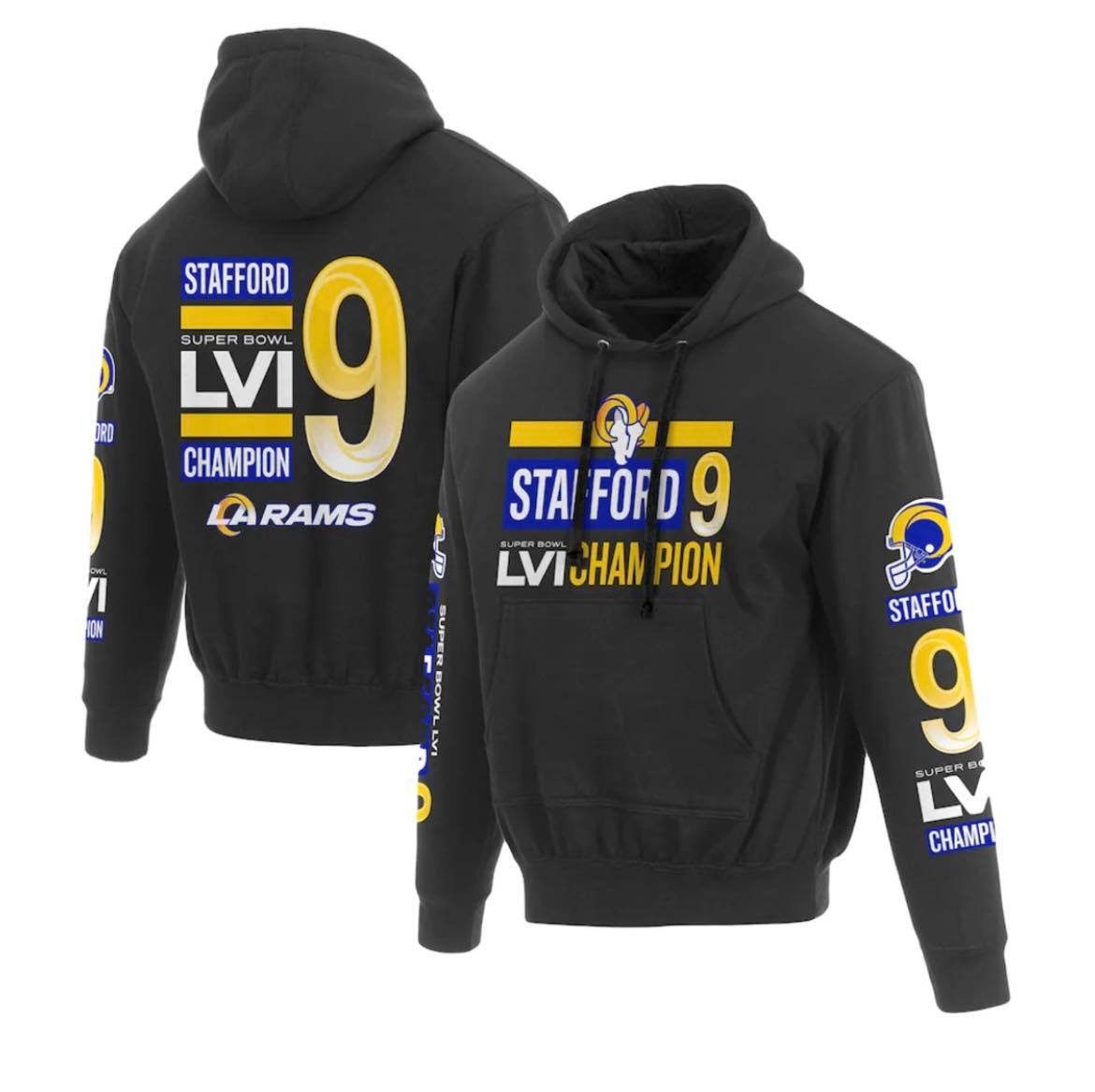 Men's Los Angeles Rams #9 Matthew Stafford 2022 Super Bowl LVI Champions Black Pullover Hoodie