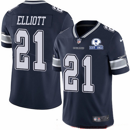 Men's Dallas Cowboys #21 Ezekiel Elliott Navy With Est 1960 Patch Limited Stitched NFL Jersey