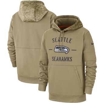 Men's Seattle Seahawks Tan 2019 Salute To Service Sideline Therma Pullover Hoodie