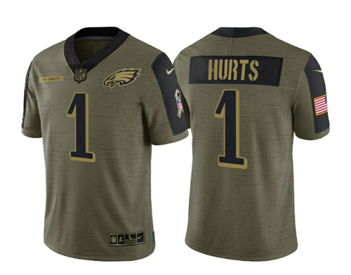 Men's Philadelphia Eagles #1 Jalen Hurts 2021 Olive Salute To Service Limited Stitched Jersey