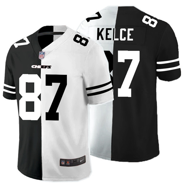 Men's Kansas City Chiefs #87 Travis Kelce Black White Split 2020 Stitched Jersey