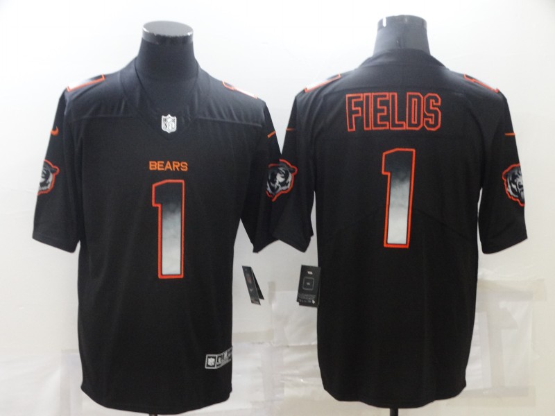 Men's Chicago Bears #1 Justin Fields Black Smoke Fashion Limited Stitched Jersey - Click Image to Close