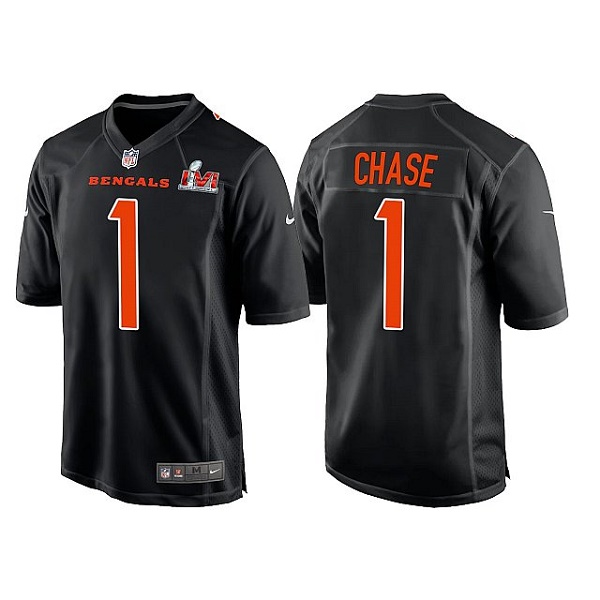 Men's Cincinnati Bengals #1 Ja'Marr Chase 2022 Black Super Bowl LVI Game Stitched Jersey - Click Image to Close