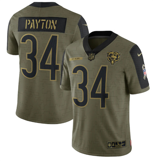 Men's Chicago Bears #34 Walter Payton 2021 Olive Salute To Service Limited Stitched Jersey