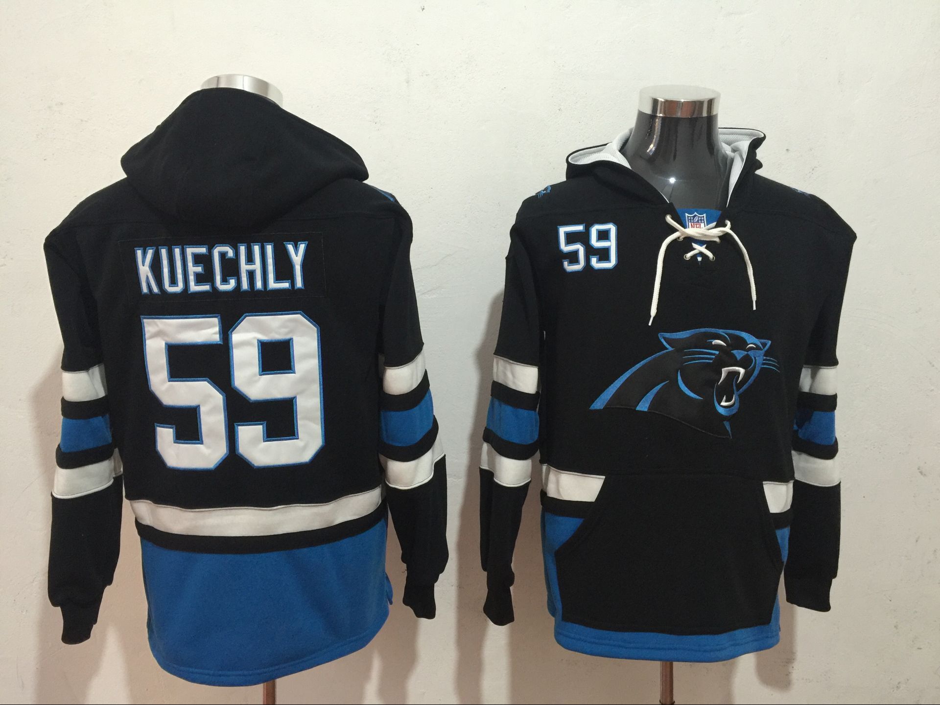 Men's Carolina Panthers #59 Luke Kuechly Black All Stitched NFL Hoodie Sweatshirt - Click Image to Close