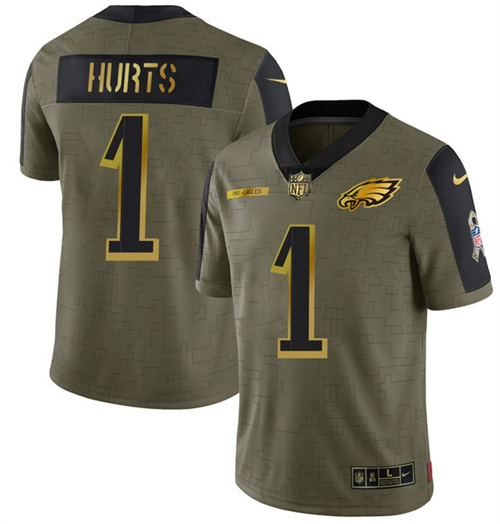 Men's Philadelphia Eagles #1 Jalen Hurts 2021 Olive Camo Salute To Service Golden Limited Stitched Jersey