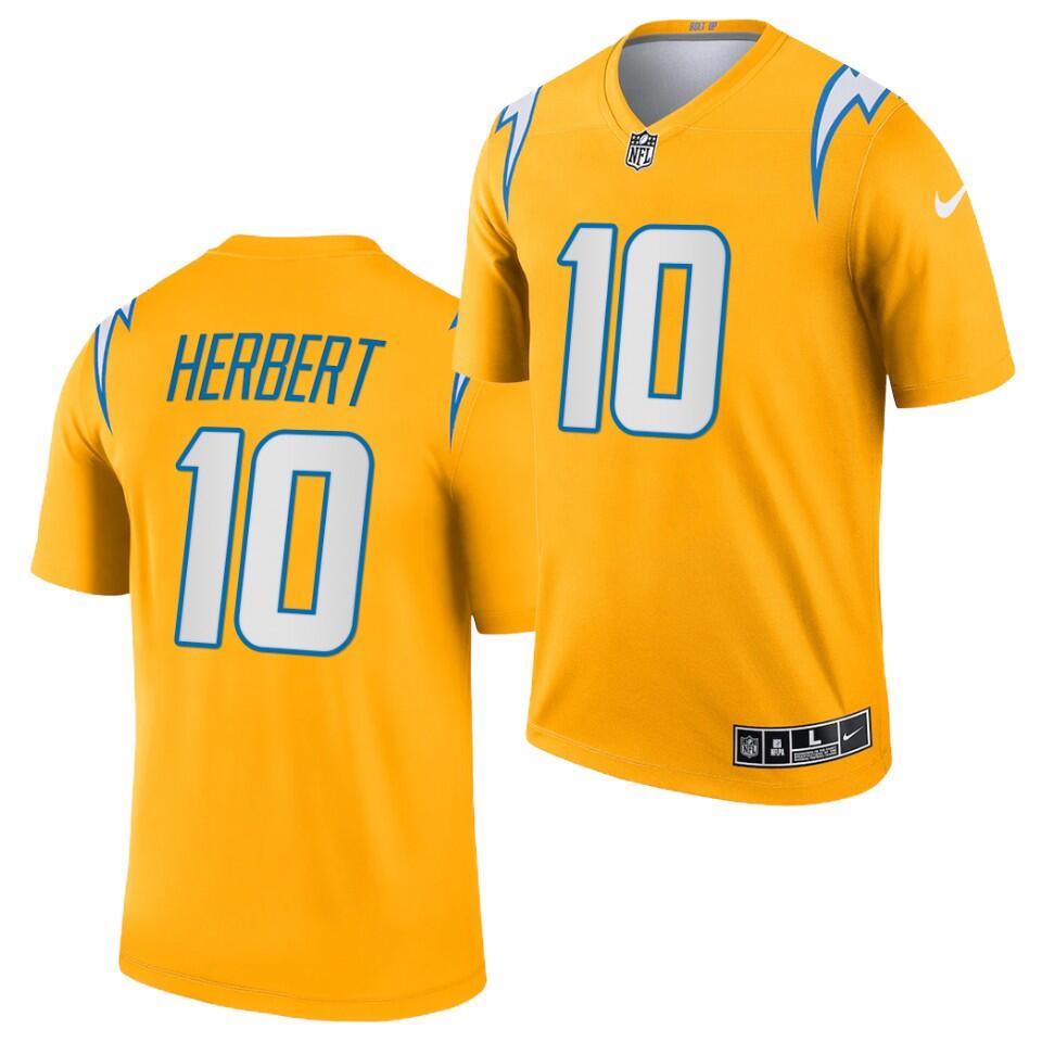 Men's Los Angeles Chargers ##10 Justin Herbert Gold 2021 Inverted Legend Stitched Jersey.