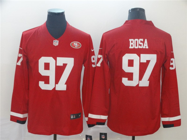 Men's San Francisco 49ers #97 Nick Bosa Scarlet Therma Long Sleeve Stitched NFL Jersey - Click Image to Close