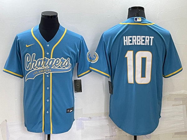 Men's Los Angeles Chargers #10 Justin Herbert Blue Cool Base Stitched Baseball Jersey