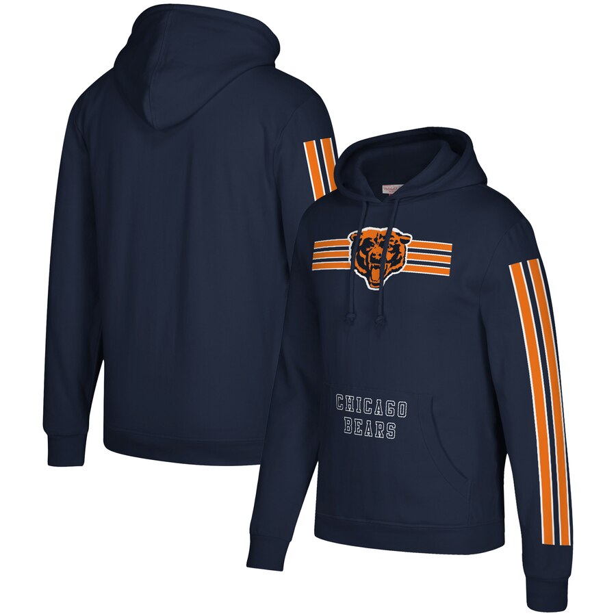 Men's Chicago Bears 2019 Navy Mitchell & Ness Three Stripe Pullover Hoodie.