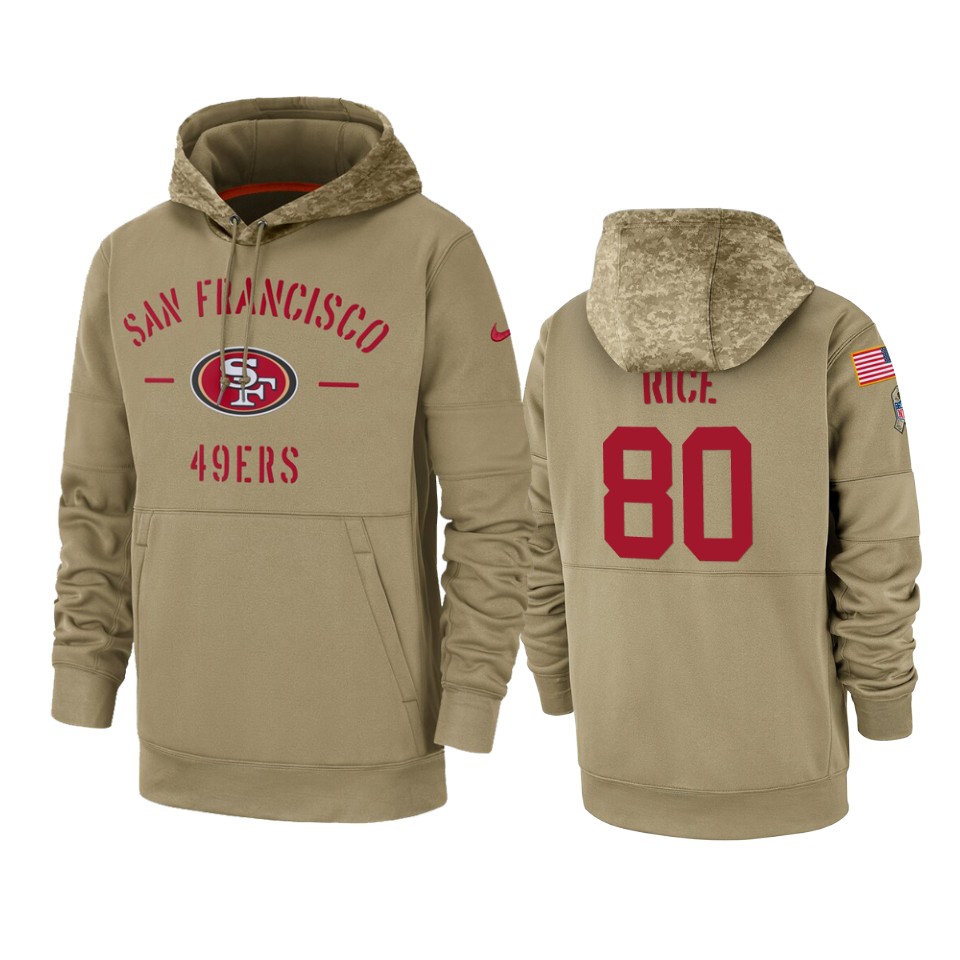 Men's San Francisco 49ers #80 Jerry Rice Tan 2019 Salute To Service Sideline Therma Pullover Hoodie