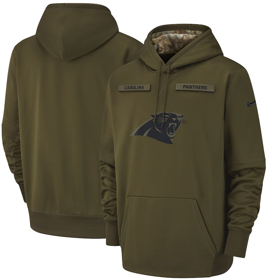 Men's Carolina Panthers Olive Salute To Service Sideline Therma Performance Pullover NFL Hoodie - Click Image to Close