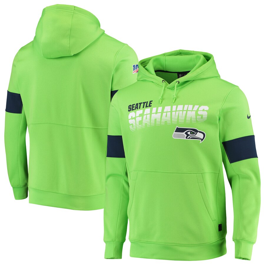 Men's Seattle Seahawks Neon Green 2019 100 Season Sideline Team Logo Performance Pullover Hoodie