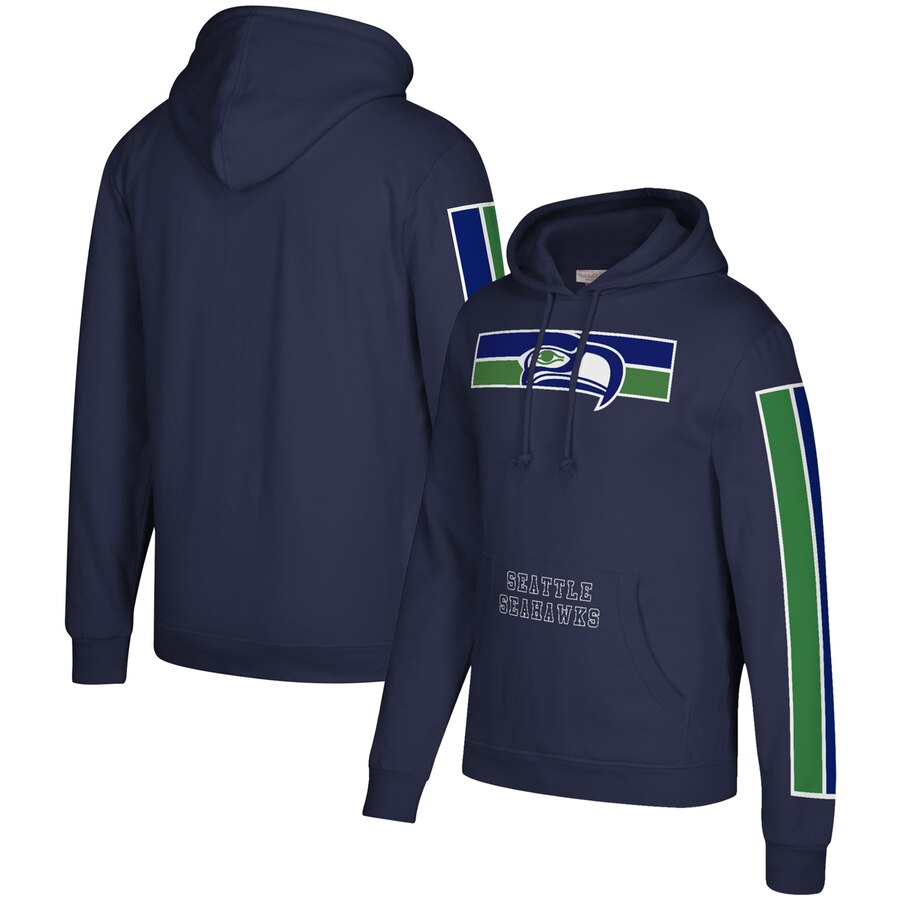 Men's Seattle Seahawks Seattle Seahawks 2019 Navy Mitchell & Ness Three Stripe Pullover Hoodie