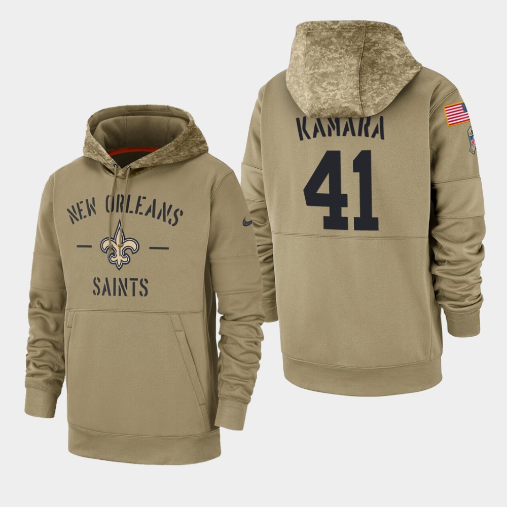 Men's New Orleans Saints #41 Alvin Kamara Tan 2019 Salute To Service Sideline Therma Pullover Hoodie