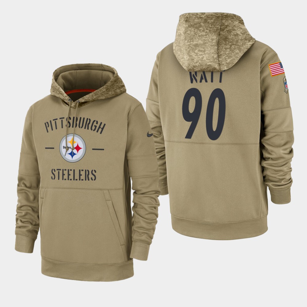 Men's Pittsburgh Steelers #90 T. J. Watt Tan 2019 Salute To Service Sideline Therma Pullover Hoodie