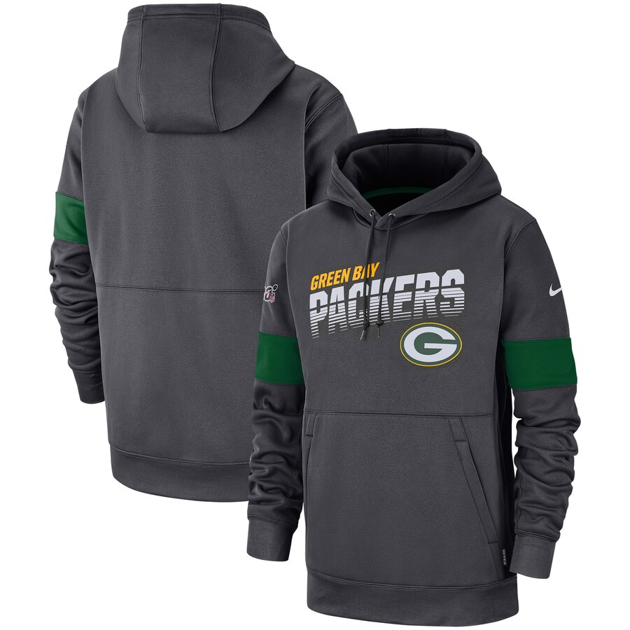 Men's Green Bay Packers Anthracite Sideline Team Logo Performance Pullover Hoodie - Click Image to Close